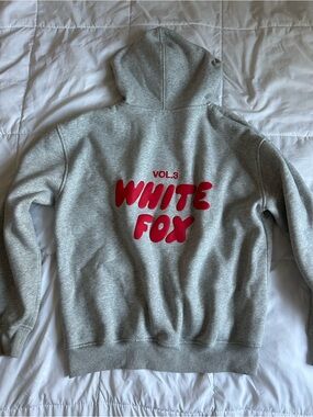 White Fox Boutique Grey Crewneck Hoodie with Red Logo